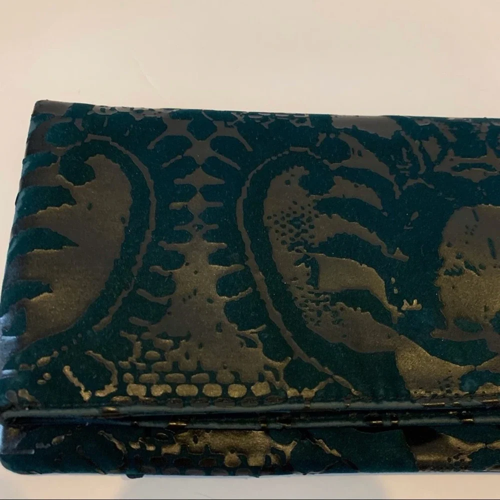 EUC The Limited Teal and Greige Velvet Damask Pouch Clutch Evening Bag Purse‎